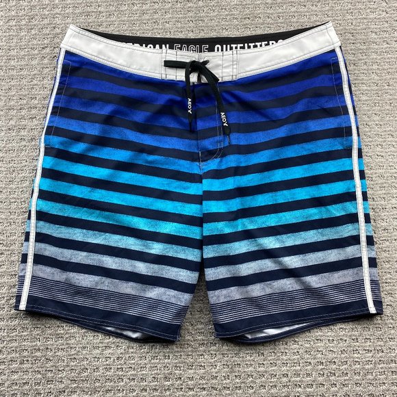 American Eagle Swim Trunks Adult Men XL Blue Striped Bathing Suit Board Shorts - Picture 1 of 14